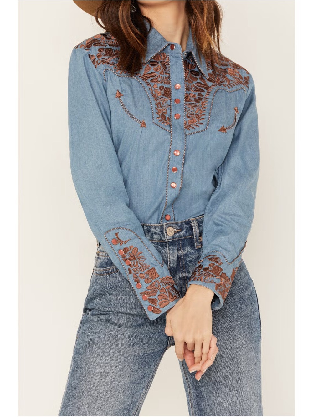 Scully Light Blue Denim Jacket Brown Embroidery Yoke Western Cowgirl Large